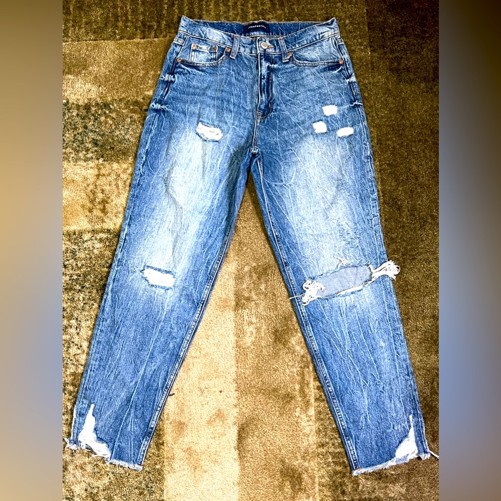 Aeropostale High-Waisted Mom Blue Jean Distressed Medium Wash 6 Regular Womens